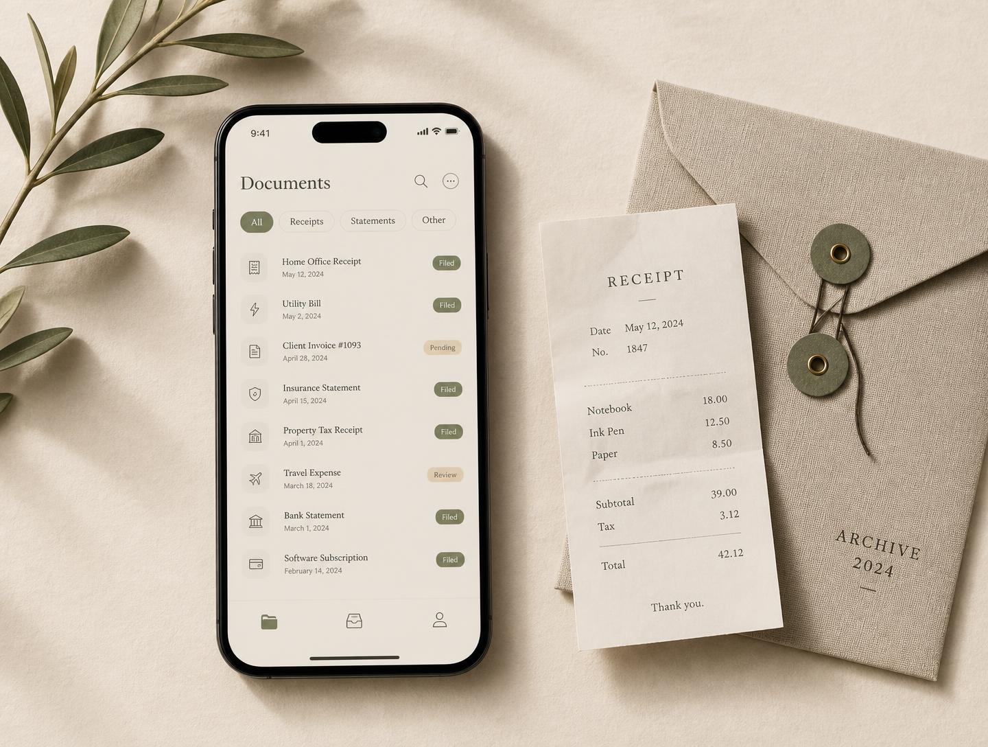 A phone showing a calm document list, next to a receipt and an archive envelope