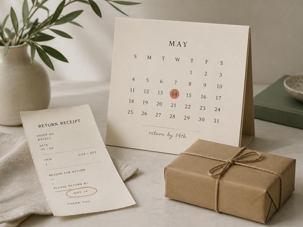 A return receipt with the return-by date circled, beside a calendar and a wrapped parcel