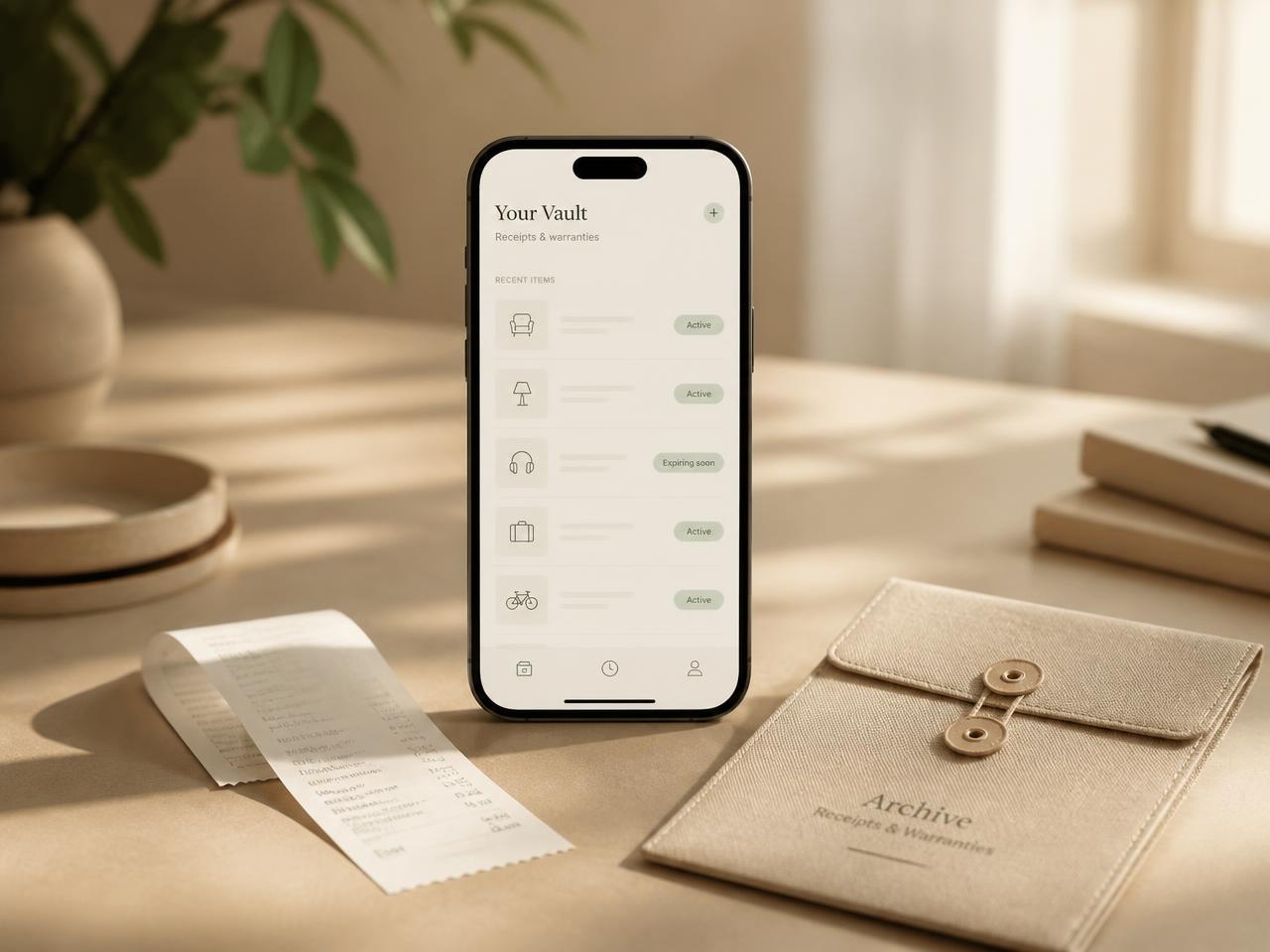 A phone on a warm paper desk showing a calm list of saved purchases, beside a receipt and a linen archive envelope