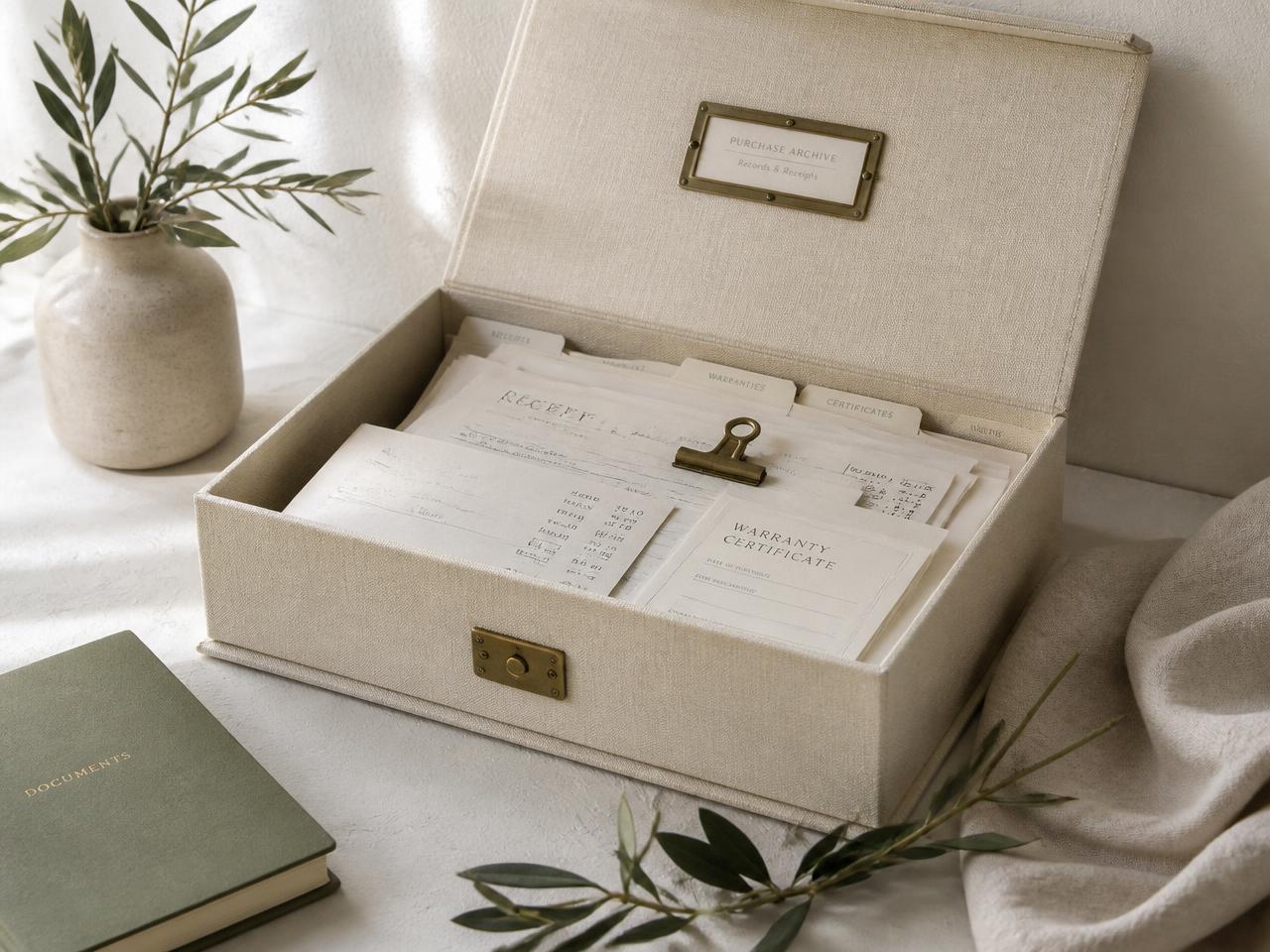 A linen purchase-archive box holding filed receipts and warranty certificates