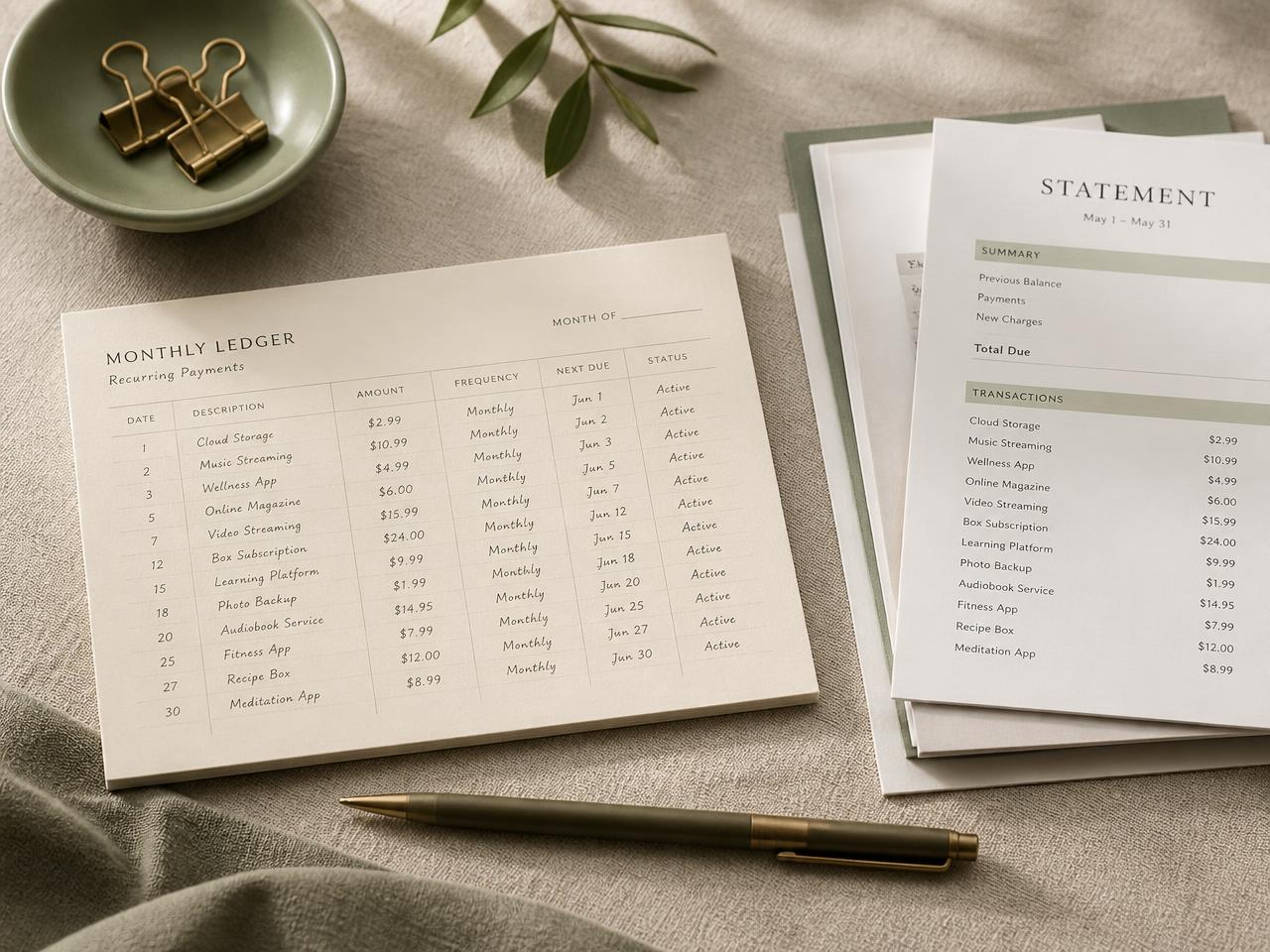 A monthly ledger card of recurring payments beside a neat stack of statements