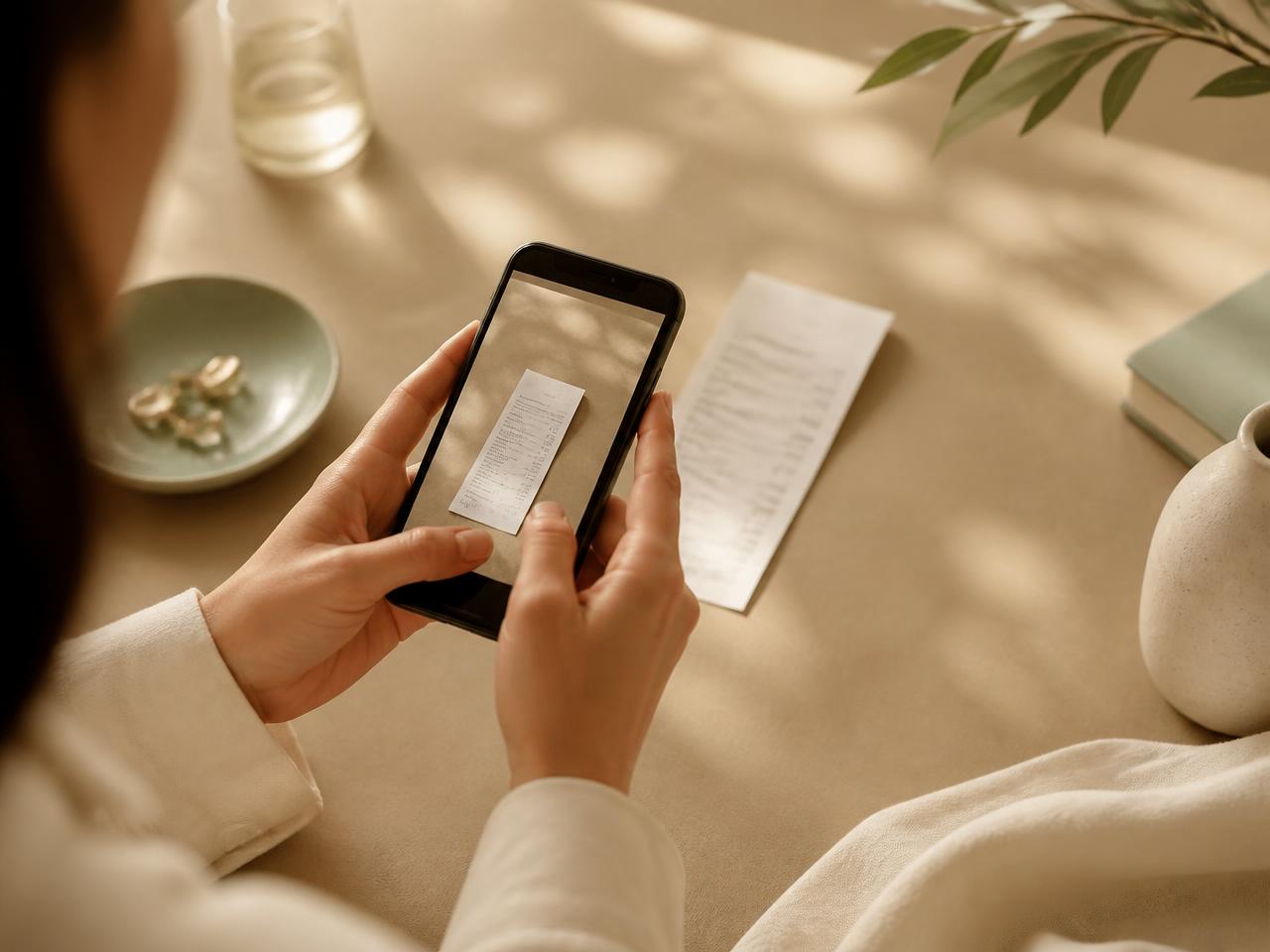 Someone photographing a paper receipt with a phone on a calm desk