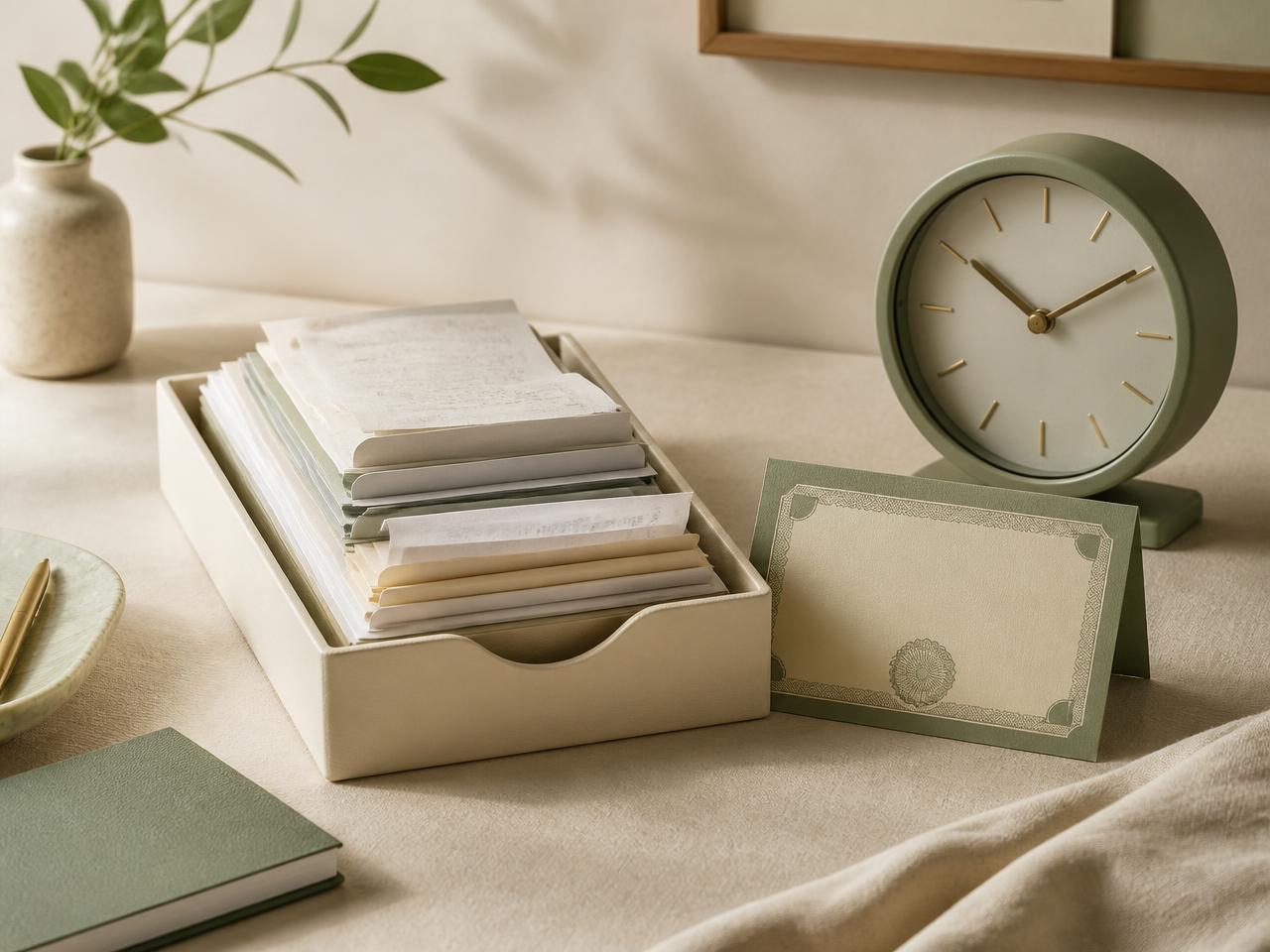 Receipts and a warranty certificate filed neatly beside a quiet clock