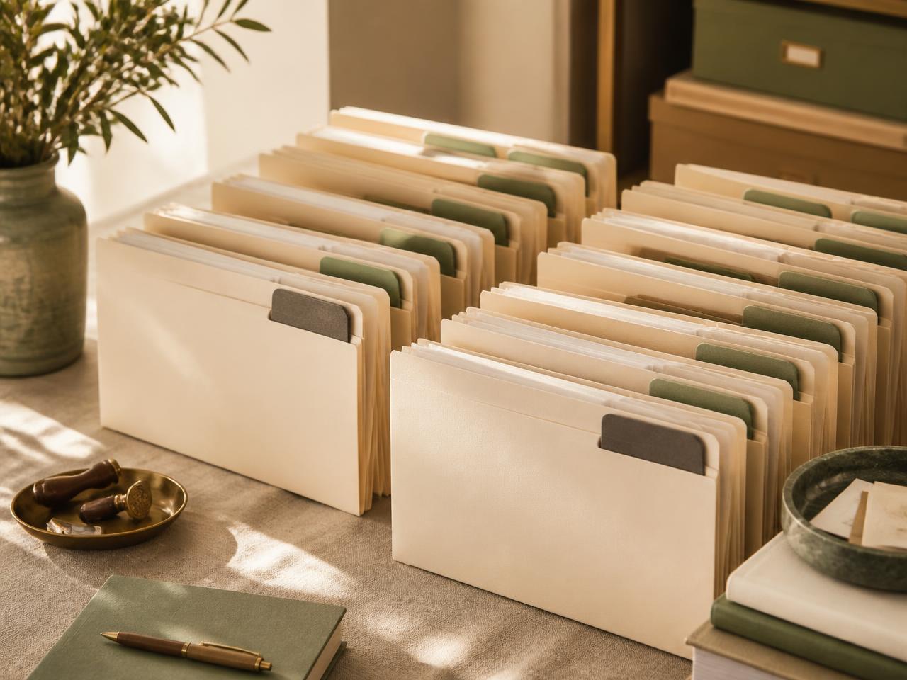 A calm purchase library: labelled folders and receipts archived on a warm desk