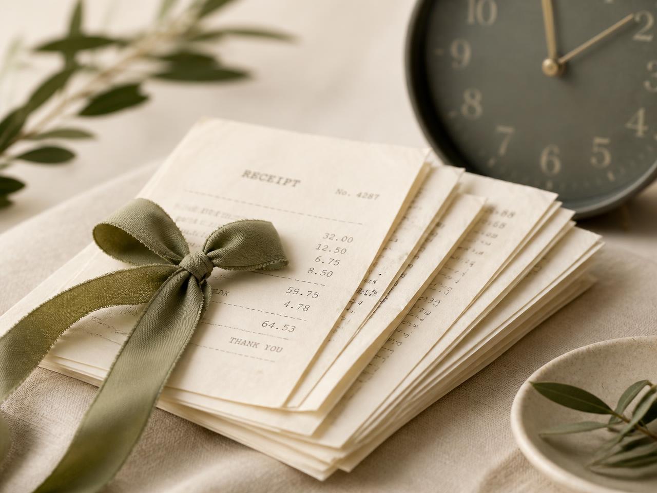 A neat stack of paper receipts tied with a sage ribbon beside a quiet clock