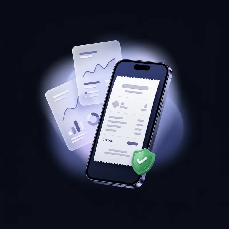 Illustration of a phone showing a receipt with documents and a security badge