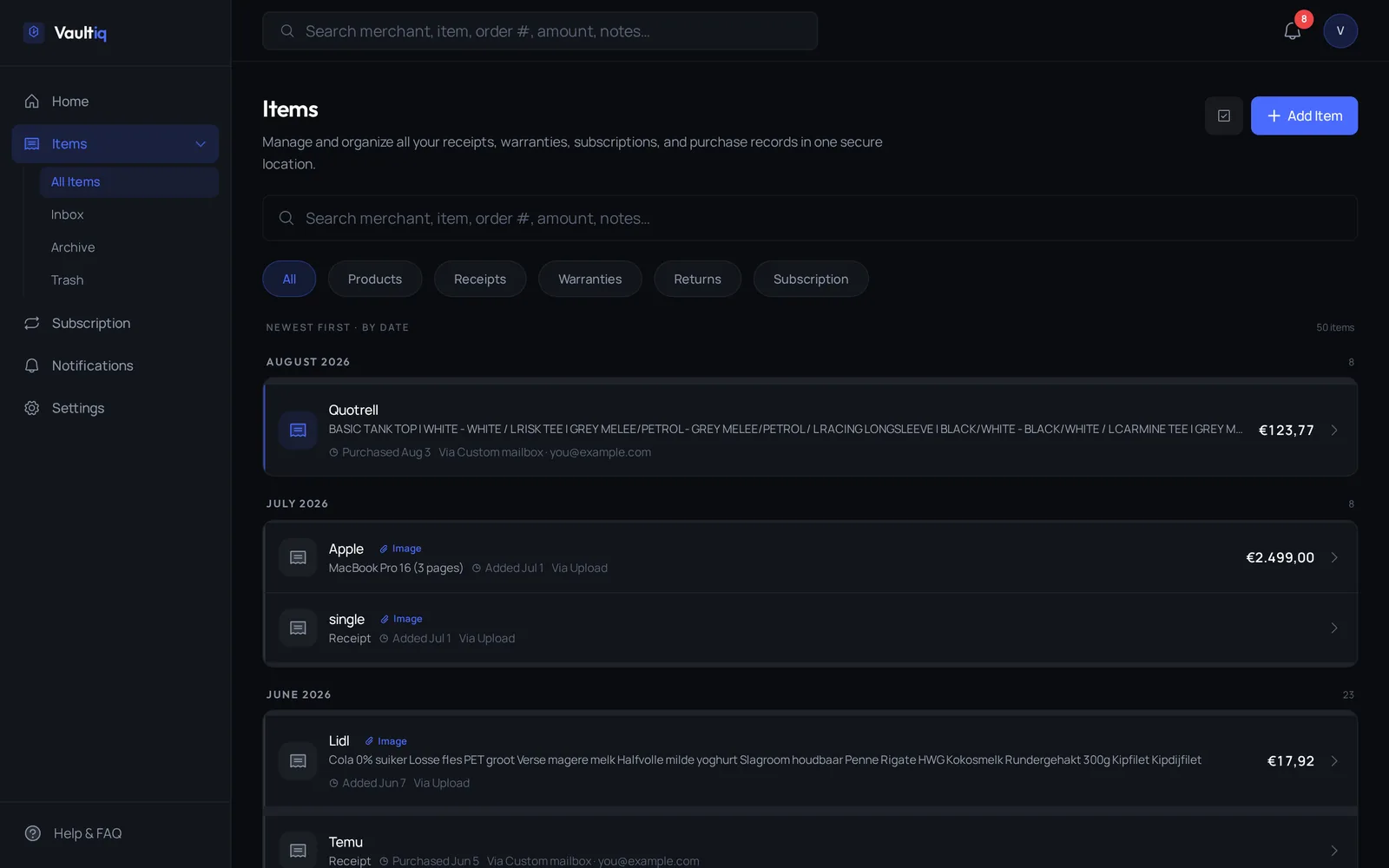 Vaultiq item library: purchases grouped by month with search and filters for products, receipts, warranties, returns and subscriptions